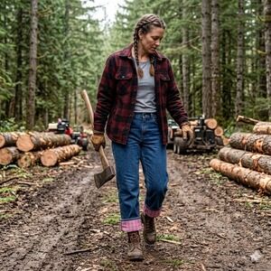 CE Schmidt Workwear Womens Flannel Lined Blue Jeans Pink Plaid 10 Lumberjane